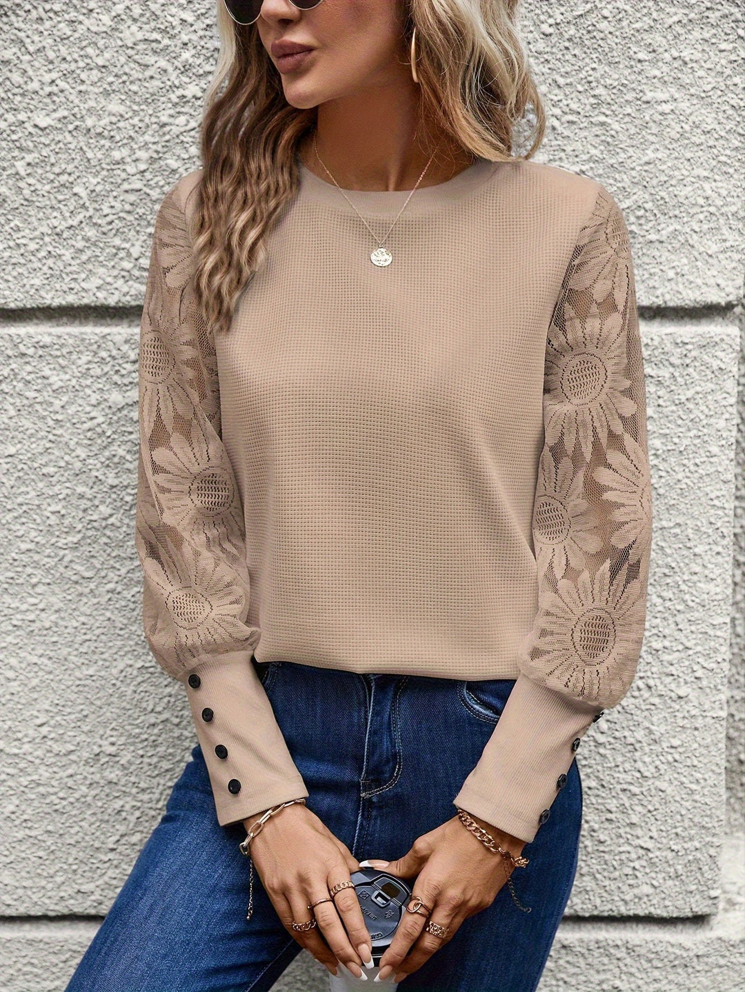 May - Sheer Lace Sleeve Crew Neck Top