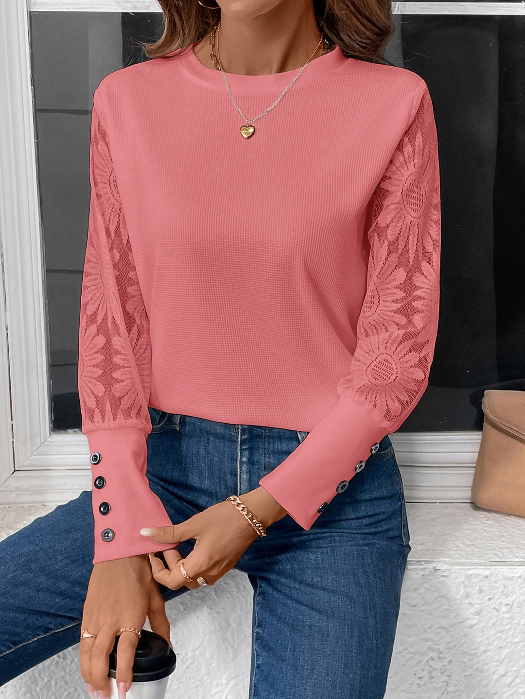 May - Sheer Lace Sleeve Crew Neck Top