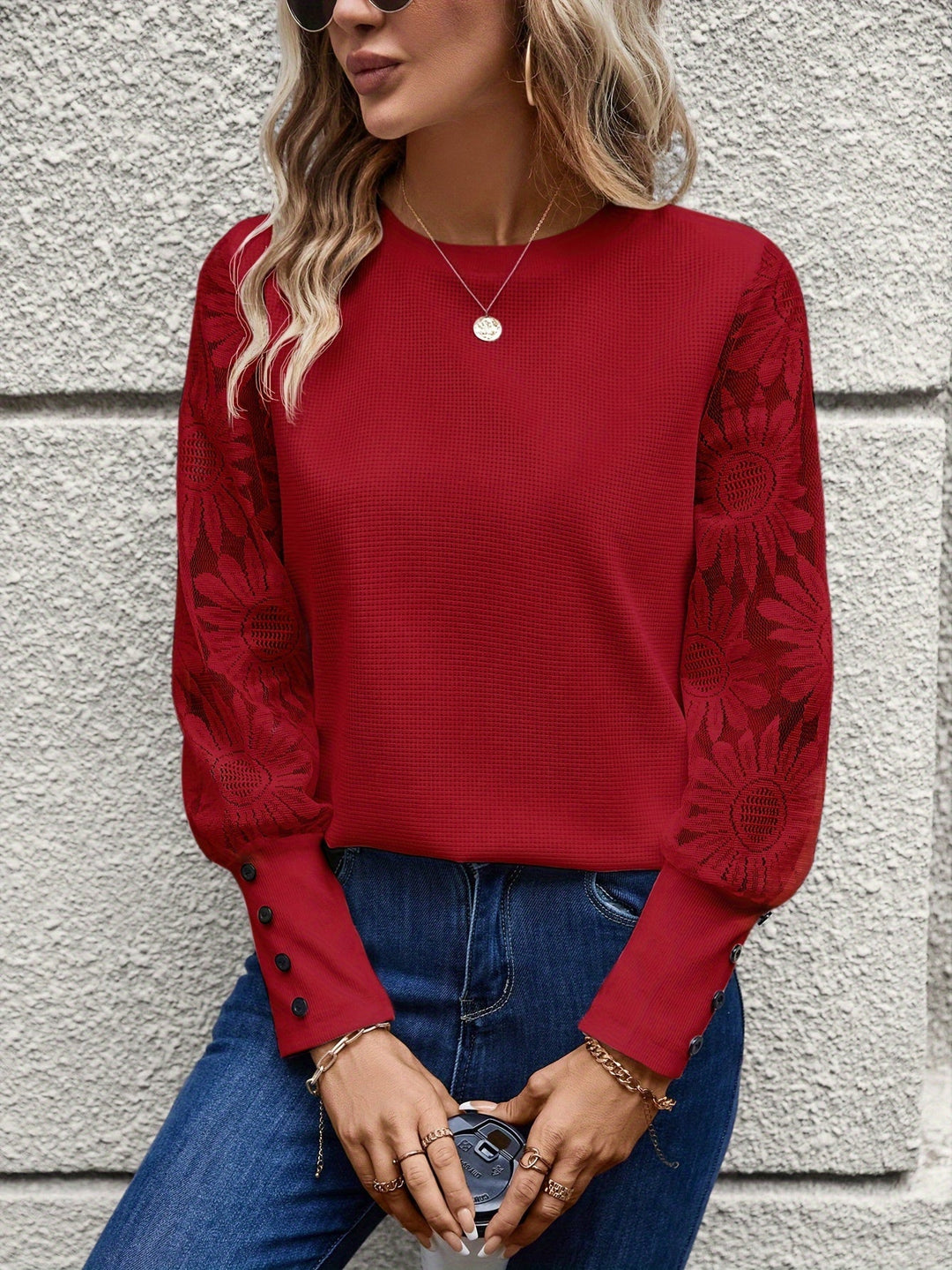 May - Sheer Lace Sleeve Crew Neck Top